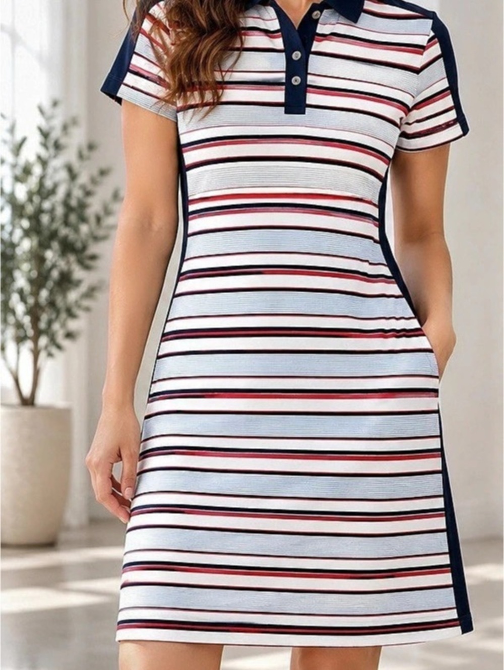 Tory Sport Striped Polo Mini Dress in White & Blue Like New